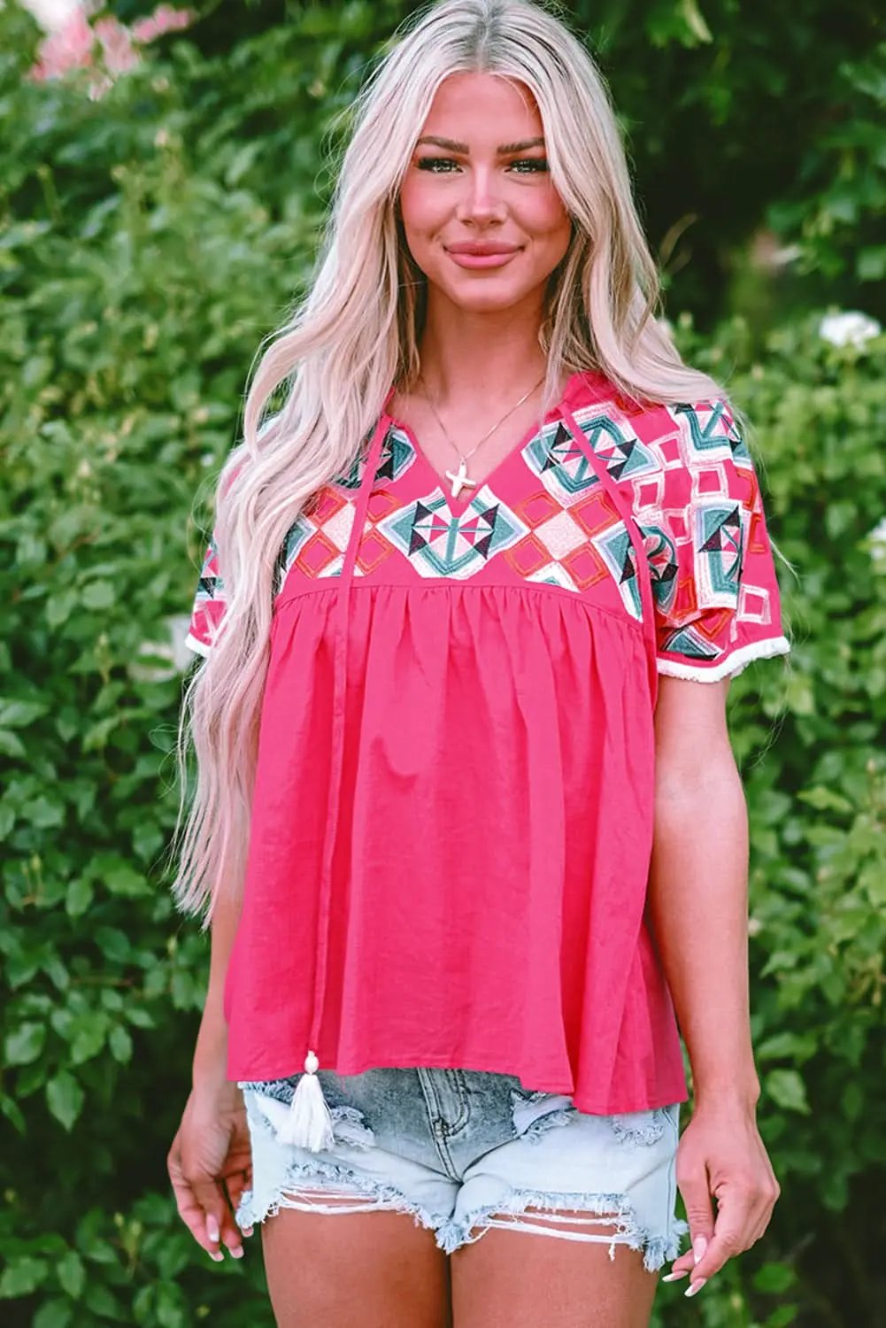 Strawberry Pink Geometric Embroidered Tassel Tie V Neck Blouse - Love Salve